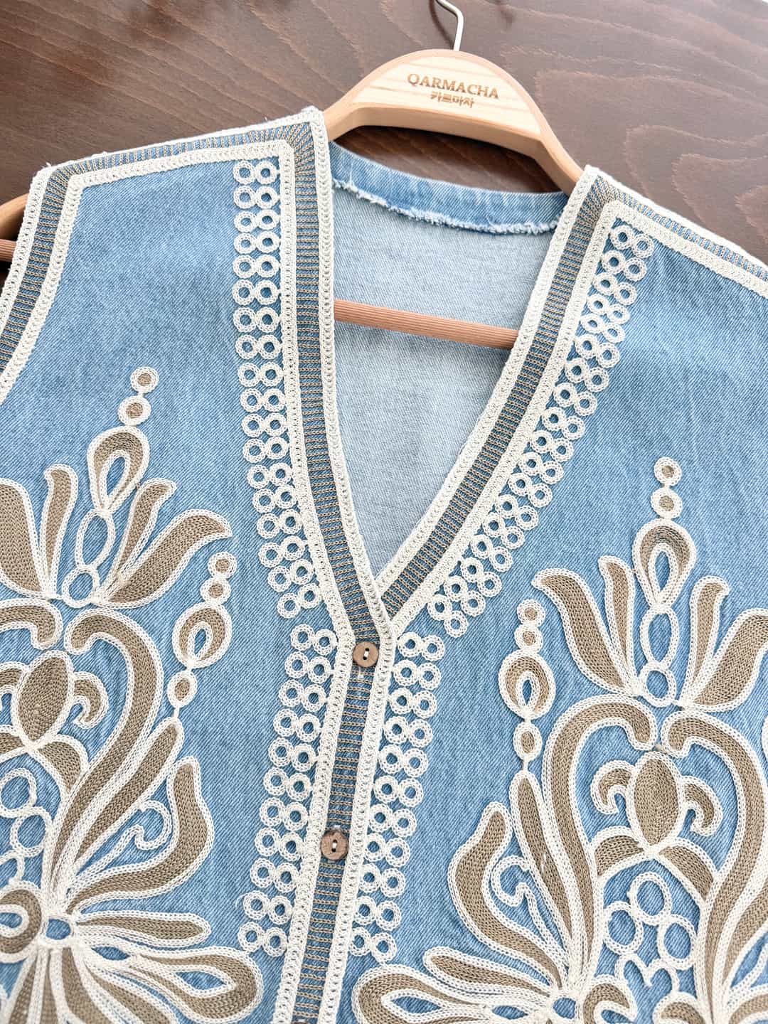 Etnik Nakışlı Denim Yelek